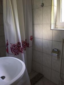 a bathroom with a shower curtain with owls on it at Mühlenweg- Tante Lise in Süderlügum