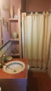 a bathroom with a sink and a shower curtain at El Soportalillo de la Fuente Vieja in Tendilla