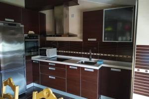 kuchnia z brązowymi szafkami, zlewem i kuchenką mikrofalową w obiekcie CASA BUITURON w mieście Cee