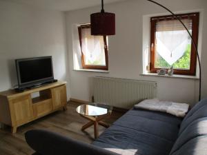 ein Wohnzimmer mit einem Sofa und einem TV in der Unterkunft Ferienwohnung Rösch in Feuchtwangen