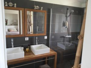 a bathroom with two sinks and a shower at La Bastide rouge in Saint-Geniès-Bellevue +8 photos