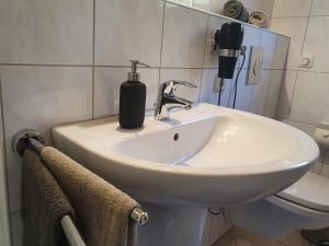 a bathroom with a sink with a soap dispenser on it at Apartment Lavendelgrün in Altenbamberg