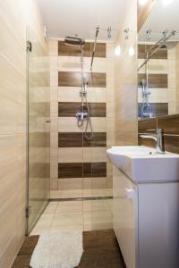 a bathroom with a shower and a sink at Apartamenty Robi in Kołobrzeg +28 photos