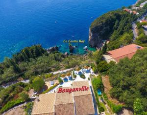 an aerial view of the island of bougaline at Bouganville in Paleokastritsa