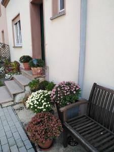 um banco ao lado de um edifício com flores e plantas em Südeifel Badem em Badem