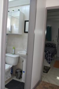 a bathroom with a white toilet and a sink at Tropical Garden Cottage Antigua in Saint Johnʼs