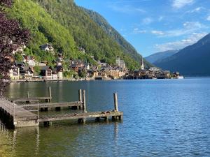a wooden dock in the middle of a lake at Appartement Emilia in Hallstatt