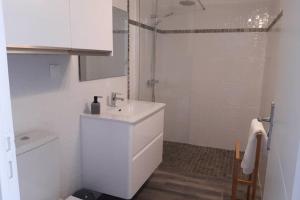 un bagno bianco con lavandino e doccia di Appartement Perle Bleue a Le Diamant