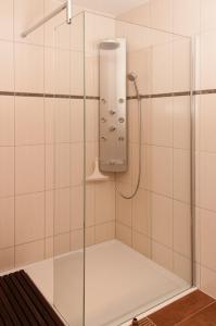 y baño con ducha y puerta de cristal. en Ferienhaus Plau am See in Wassernähe, en Plau am See