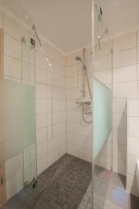 una ducha con puerta de cristal en un baño en La Pénate des 3 Châteaux, en Husseren-les-Châteaux