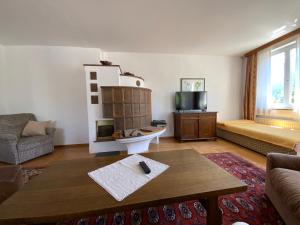 ein Wohnzimmer mit einem Sofa und einem TV in der Unterkunft Pension Lipicer in Kötschach