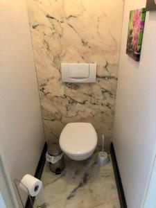 La salle de bains est pourvue de toilettes blanches et d'un mur en marbre. dans l'établissement Residence Soleil des Thermes 2, à Le Mont-Dore