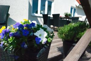 une corbeille de fleurs assise sur une terrasse dans l'établissement Nordanå Gård, à Strö