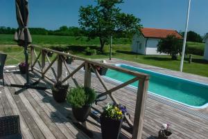 a wooden deck with potted plants next to a swimming pool at Nordanå Gård in Strö