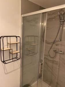 a shower with a glass door and a shelf in a bathroom at LES ROTINS - Logements Climatisés - Cathédrale à 2 pas in Reims