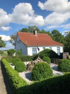 a white house with a red roof and a garden at Ferienwohnungen auf Hof Kranichstein in Kluis