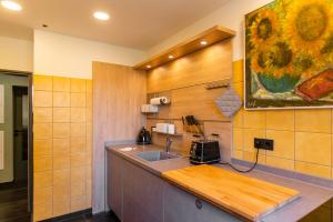 una cocina con fregadero y una pintura en la pared en Apartment ECH Königsberger, en Würzburg 54 fotos más