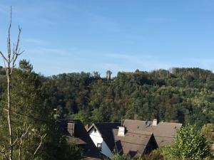 a group of houses and a water tower on a hill at Ferienwohnung Abbey in Müllensiefen