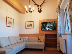 ein Wohnzimmer mit einem Sofa und einem TV in der Unterkunft Villa Lilly - Luxus Appartements im Villenviertel in Bad Ischl