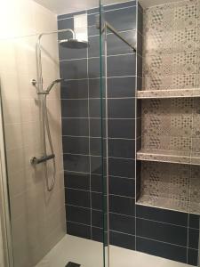 un bagno con doccia con porta in vetro di Superbe appartement à 5min du centre-ville a Dinan