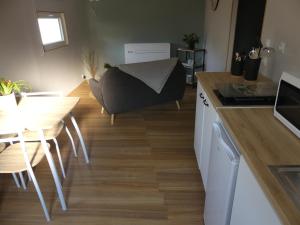 a kitchen and living room with a table and a couch at charmant studio 35m² au calme proche du circuit in Saint-Gervais en-Belin