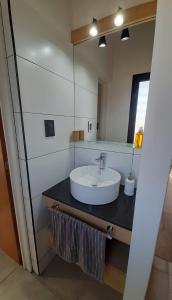 a bathroom with a sink and a mirror at Cabañas Buena Vista - Santa Rosa in Santa Rosa de Calamuchita