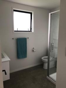 a bathroom with a shower and a toilet and a window at Lakin' it easy Cottage in Karapiro +4 photos