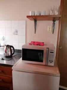 a microwave on top of a refrigerator in a kitchen at POSADA SANTA CECILIA in Termas del Daymán