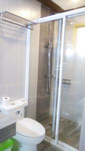 a bathroom with a toilet and a glass shower at Marlins Beach Resort in Bantayan Island