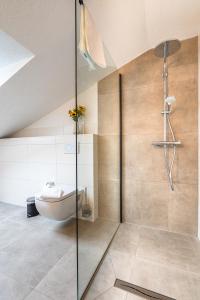 een badkamer met een glazen douche en een toilet bij stuub langenbach in Titisee-Neustadt