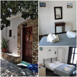 two pictures of a bedroom with a bed and a door at ARTEMIS STUDIO - NAS in Armenistis