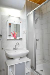 uma casa de banho branca com um lavatório e um chuveiro em Studio Les Marmottes hypercentre de Cauterets em Cauterets