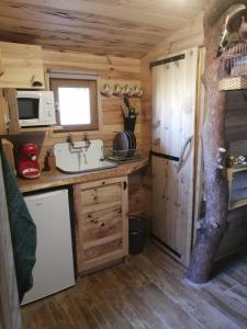 uma cozinha com um lavatório e um frigorífico em patrice et chrstel Cabane en bois em Chatuzange-le-Goubet