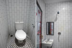 two pictures of a bathroom with a toilet and a sink at SUPER OYO 3109 Point Inn in Jakarta