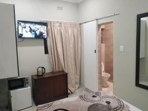 a bedroom with a tv and a bed and a bathroom at Classic-Lodge in Kempton Park