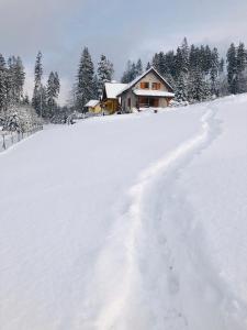 a snow covered road leading to a house at Domek W Górach Jaworzynka in Jaworzynka