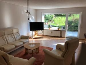 ein Wohnzimmer mit einem Sofa, Stühlen und einem TV in der Unterkunft Ferienhaus Morgensonne in Neustadt in Sachsen