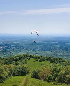 a paraglider is flying over a green field at Kuća za odmor Bajka in Jastrebarsko
