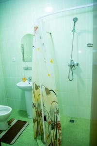 a bathroom with a shower curtain with fish on it at Готель-ГАЙСИН-Ресторан in Haysyn