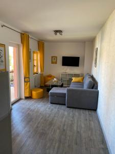 ein Wohnzimmer mit einem Sofa und einem TV in der Unterkunft Guesthouse Les 3 Chateaux in Eguisheim