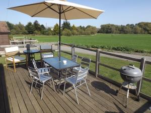 a table and chairs with an umbrella and a grill at Avonvale Holiday Lodges in Evesham