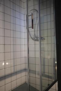 a shower with a glass door in a bathroom at Maison d'Almes in Adissan