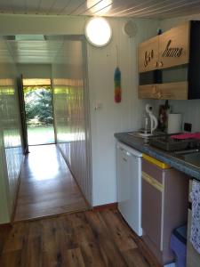 a kitchen with a counter and a door to a yard at Agroturystyka pod kasztanem [czynny od maja do września] in Mirsk