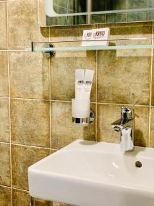 W łazience znajduje się umywalka i lustro. w obiekcie Hotel Monysto w mieście Bukowel