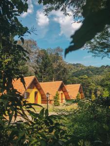 a yellow house in the middle of a forest at Pousada Vila Lubia - Chalés Monte Verde in Monte Verde