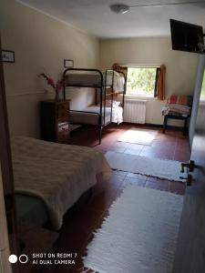 a bedroom with two bunk beds and a window at Stone Farm Hostel in Felgueiras