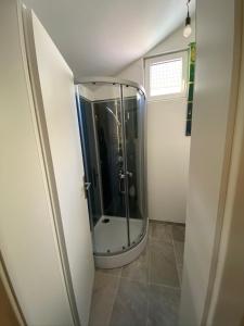 a bathroom with a shower with a glass door at Romantisches Gästezimmer - Zentralgelegen in Wehrheim