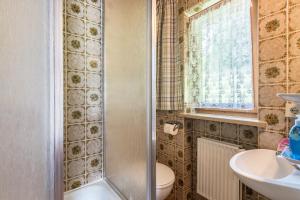 La salle de bains est pourvue d'une douche, de toilettes et d'un lavabo. dans l'établissement Ferienwohnung Oberrißtraum, à Schliersee