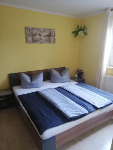 a bedroom with a large bed with blue sheets at Ferienwohnung Dinnebier in Leubnitz