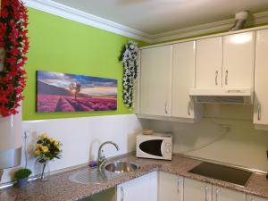 una cocina con armarios blancos y paredes verdes en Apartamentos Dana Madrid, en Madrid